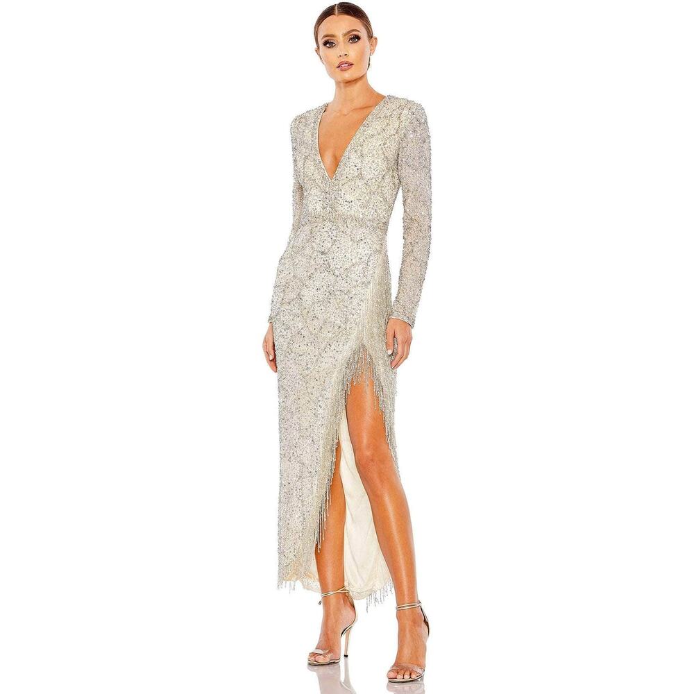 Mac Duggal Beaded Fringe Gown Sz 6 5741 Silver Cream Midi Slit nwt Long Sleeve
